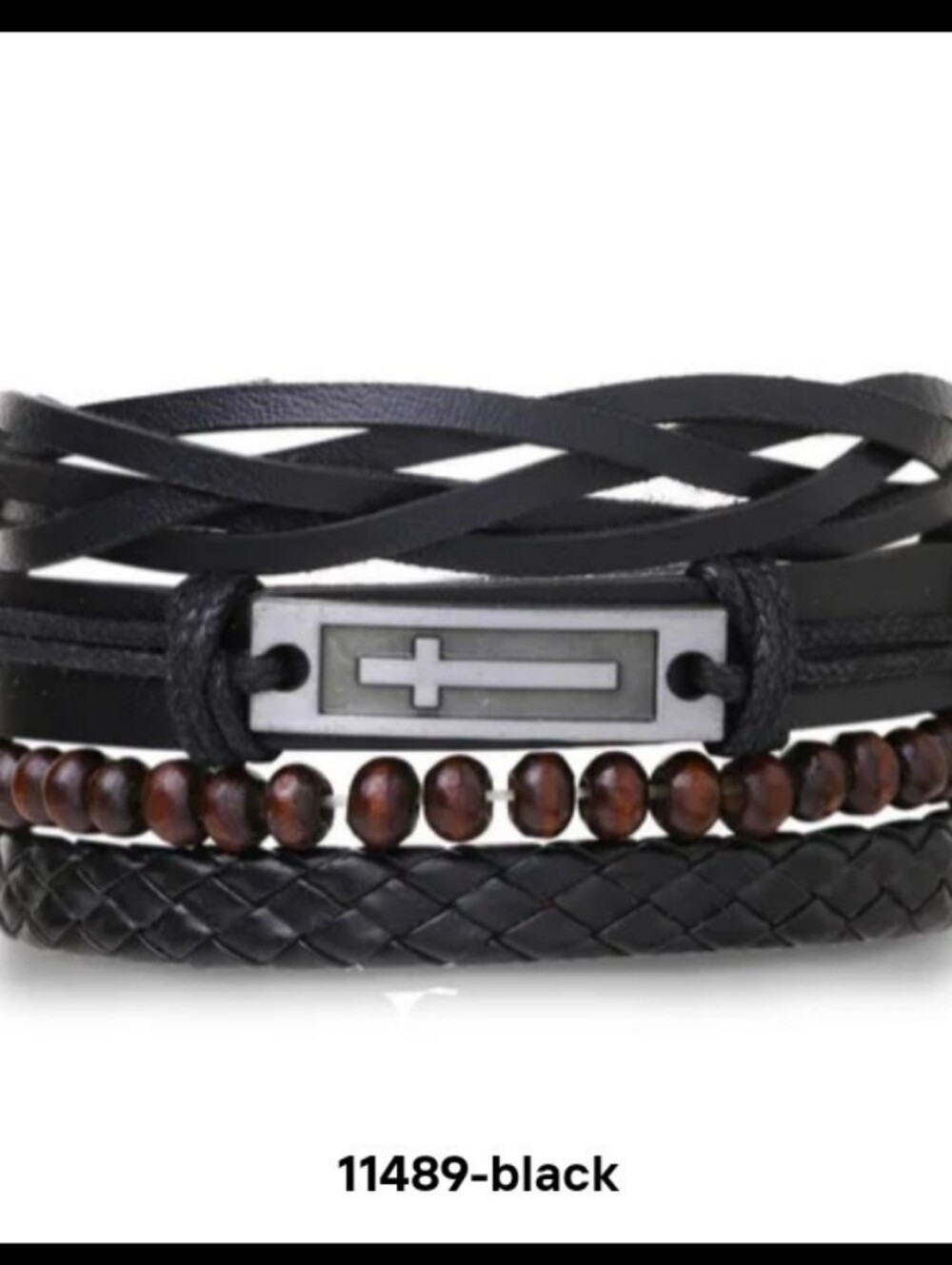 Men's Leather Bracelets Set 4pc Braided Cross Beaded Black New Jewelry G32
